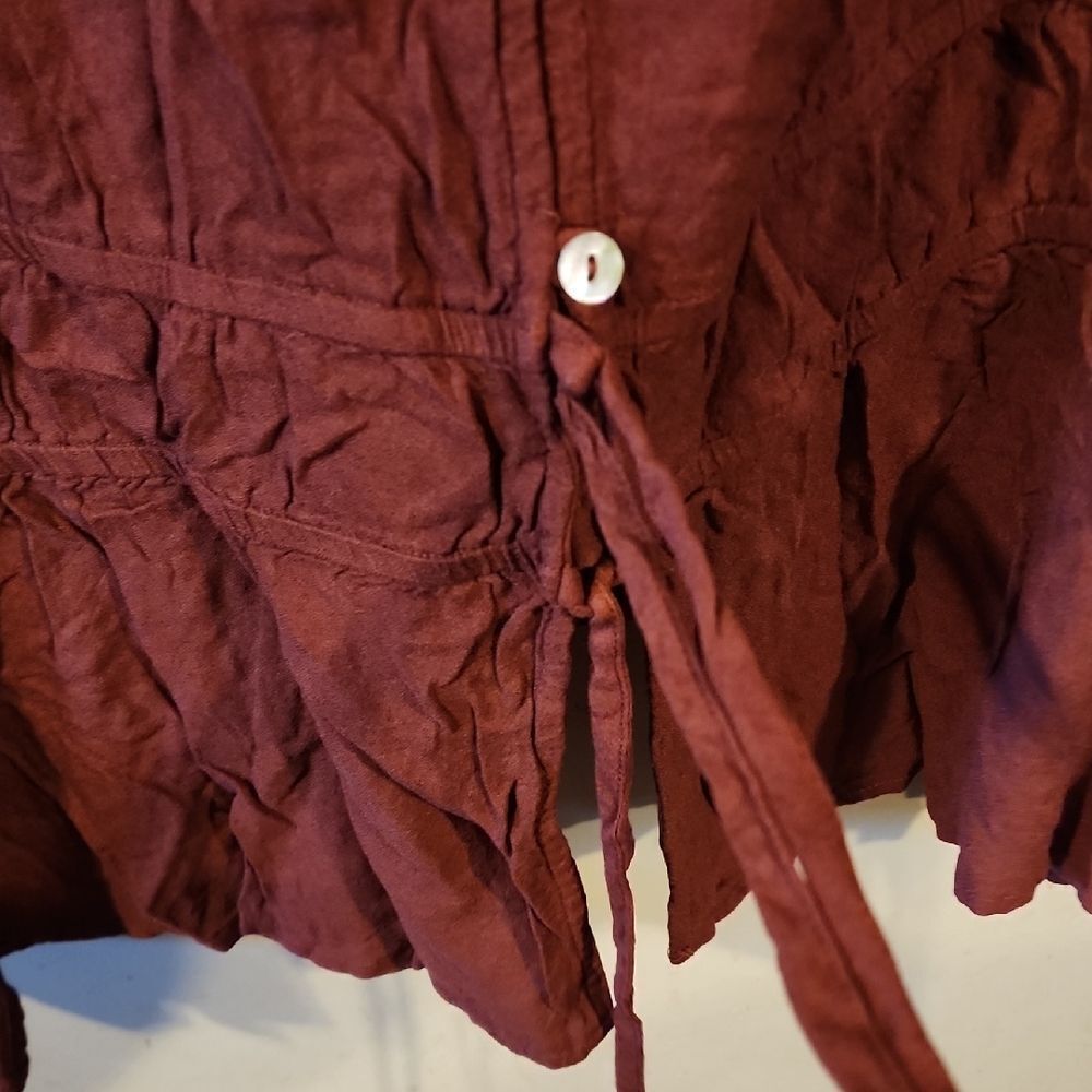 Red Flutter Sleeve Blouse With Tie Front And Ruff… - image 3